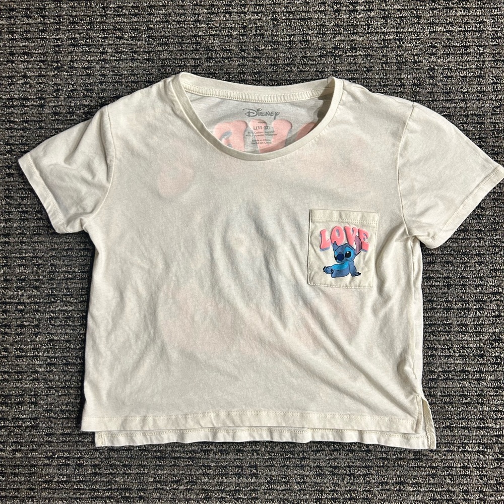 Disney tshirt Women’s L 11-13 Cropped Lilo and Stitch Graphic Pocket Shirt